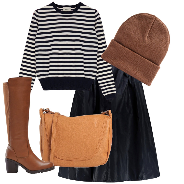Outfit donna - Inverno. Stile Bon Ton per Tutti i giorni. Abbinamento con stivali, borse a tracolla, berretti, pullovers, gonne lunghe.
