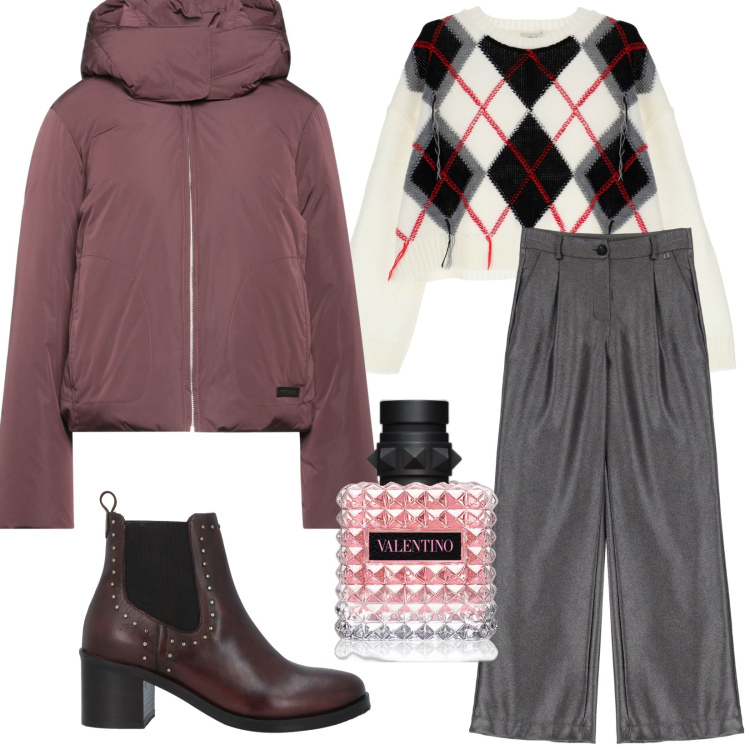 Outfit donna - Mattiniera. Stile Casual per Tutti i giorni. Abbinamento con stivaletti chelsea, piumini, profumi, pantaloni a palazzo, pullovers.