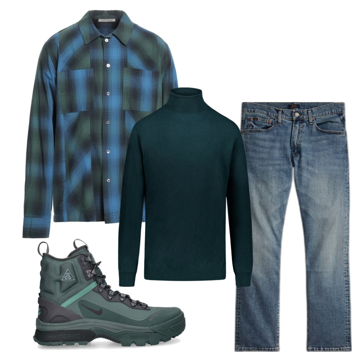 Outfit uomo - Inverno. Stile Casual per Tutti i giorni. Abbinamento con camicie, jeans dritti, maglieria, sneakers.
