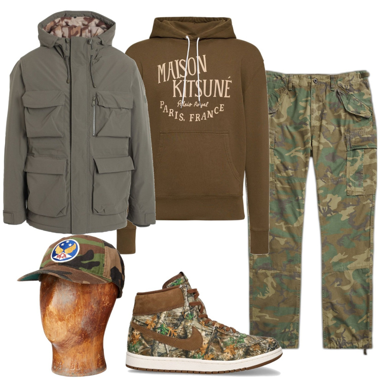 Outfit uomo - Camouflage. Stile Casual per Sport. Abbinamento con parka, cappelli, pantaloni cargo, felpe con cappuccio, sneakers.