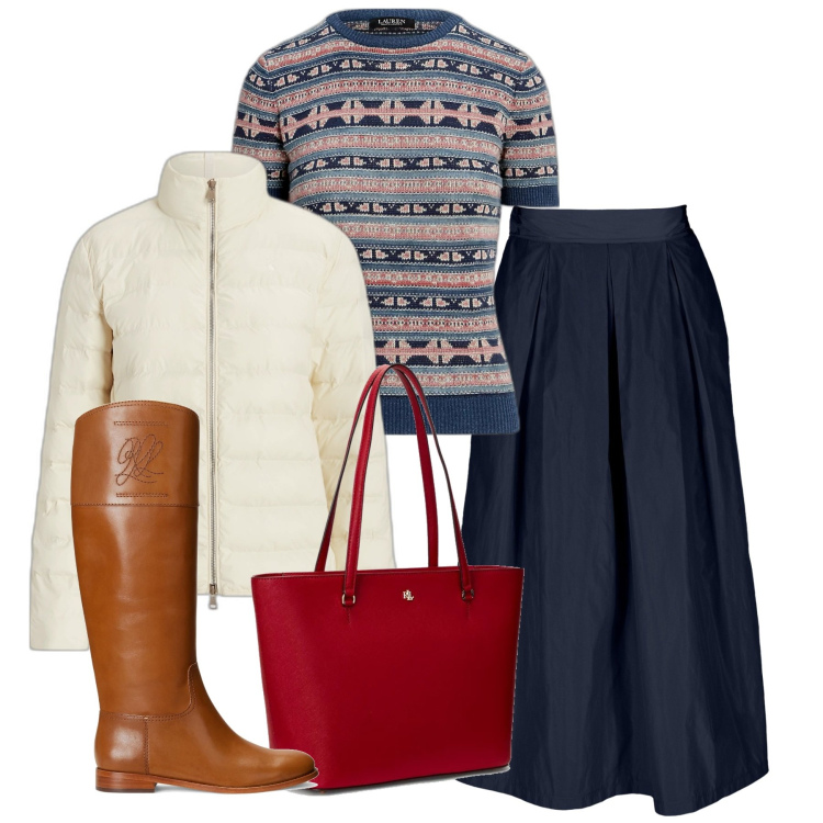 Outfit donna - Inverno. Stile Bon Ton per Tutti i giorni. Abbinamento con stivali, borse tote, giacche, maglieria, gonne.