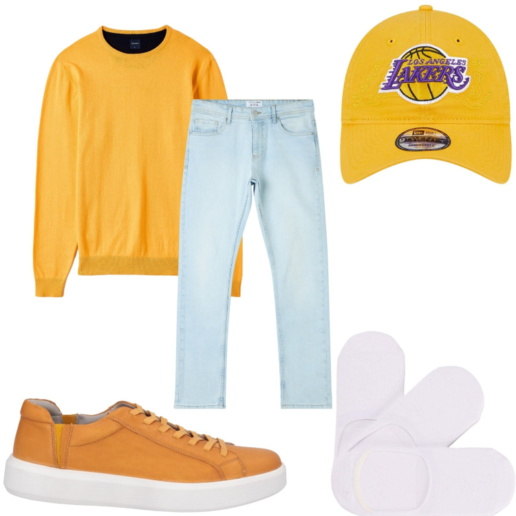 Outfit uomo - Jeans e maglia. Stile Casual per Tutti i giorni. Abbinamento con sneakers, jeans dritti, maglieria, calzini, cappelli.