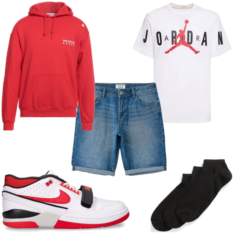 Outfit uomo - Bermuda e felpa. Stile Casual per Tutti i giorni. Abbinamento con felpe con cappuccio, bermuda, calzini, t-shirt, sneakers.