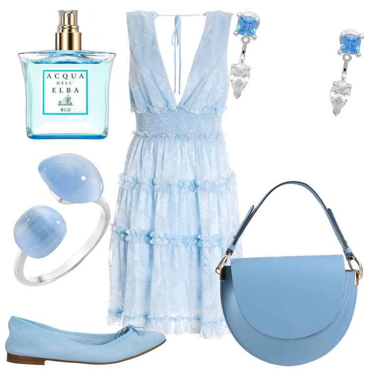 Outfit donna - Pranzo estivo. Stile Glamour per Tutti i giorni. Abbinamento con borse a mano, orecchini, ballerine, anelli, profumi, vestiti senza maniche.
