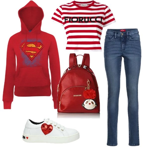 Outfit donna - Urban #7787. Stile Urban per Scuola/Università. Abbinamento con jeans slim fit, sneakers bianco, t-shirt taglio dritto a righe girocollo con orlo rosso e bianco, felpa con fumetto e cappuccio rosso, borsa zainetto rosso.