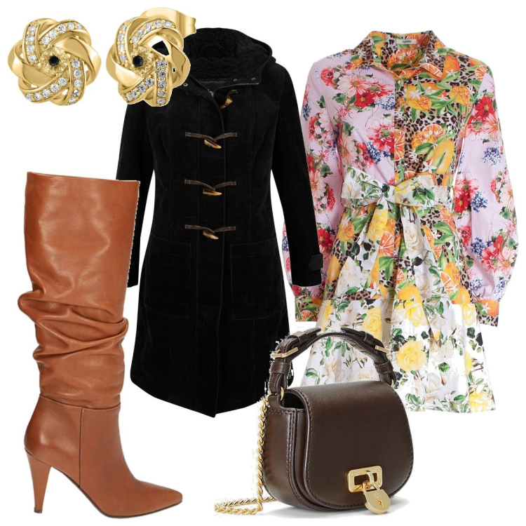 Outfit donna - Total look #1812331. Stile Trendy per Tutti i giorni. Abbinamento con montgomery, orecchini, vestiti chemisier, stivali, borse a tracolla.