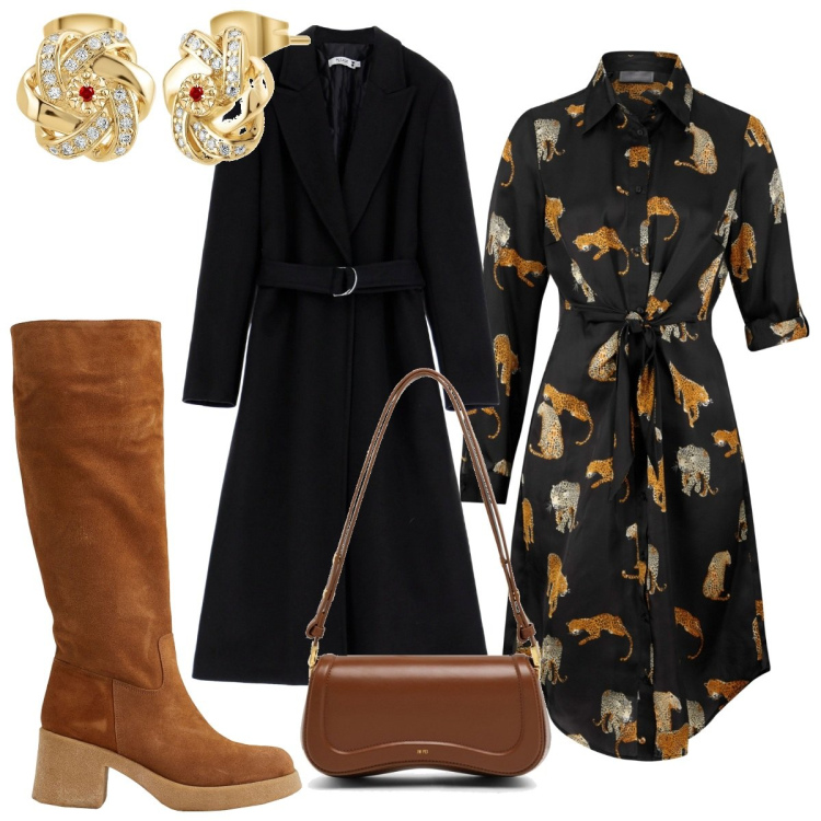 Outfit donna - Total look #1812336. Stile Trendy per Tutti i giorni. Abbinamento con vestiti chemisier, stivali, orecchini, cappotti, borse a spalla.
