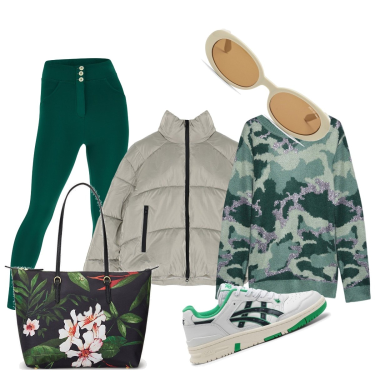 Outfit donna - Il colore dell’armonia. Stile Casual per Scuola/Università. Abbinamento con piumini, pantaloni skinny, borse tote, sneakers, maglieria, occhiali da sole.