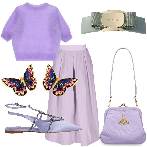 Outfit donna - Total look #1812356. Stile Romantica per Tutti i giorni. Abbinamento con ballerine, orecchini, pullovers, gonne, pochette, accessori per capelli.