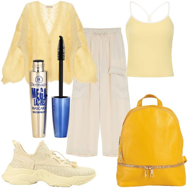 Outfit donna - Total look #1812358. Stile Casual per Tutti i giorni. Abbinamento con zaini, sneakers, mascara, cardigans, pantaloni a palazzo, canottiere.