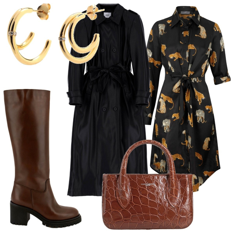 Outfit donna - Total look #1812390. Stile Trendy per Tutti i giorni. Abbinamento con vestiti chemisier, borse a mano, orecchini, trench, stivali.