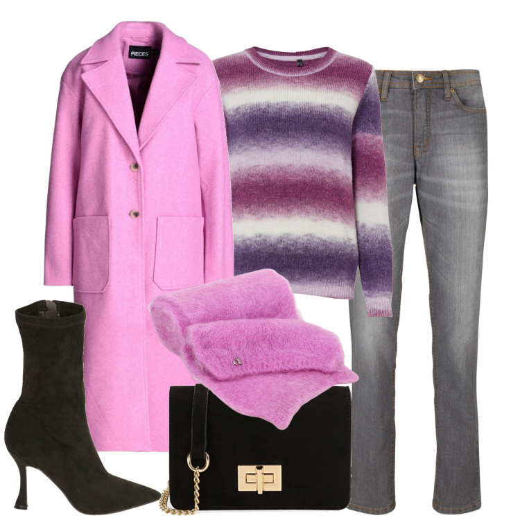 Outfit donna - City. Stile Glamour per Tutti i giorni. Abbinamento con jeans mom, maglieria, cappotti, stivaletti, borse a tracolla, sciarpe.