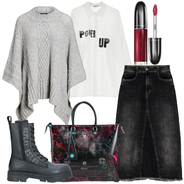 Outfit donna - Anfibi e maxi bag. Stile Trendy per Tutti i giorni. Abbinamento con borse a mano, anfibi, rossetti, gonne longuette, cappotti, camicie.