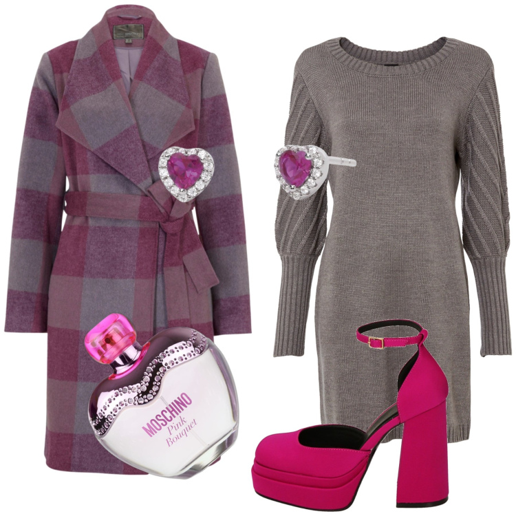 Outfit donna - Cuori viola. Stile Glamour per Serata fuori. Abbinamento con cappotti, vestiti, profumi, orecchini, décolleté.