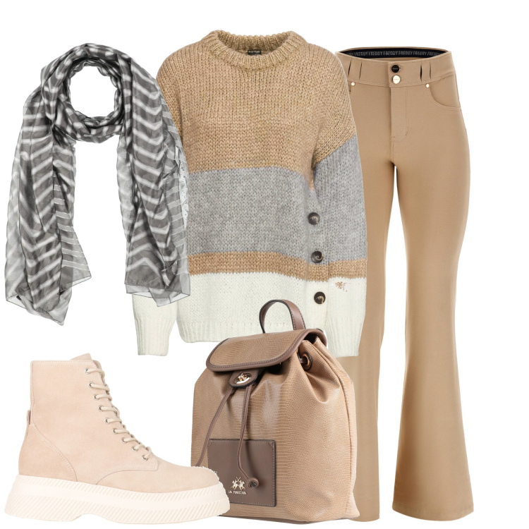Outfit donna - City. Stile Casual per Tutti i giorni. Abbinamento con maglieria, stivaletti, zaini, sciarpe, pantaloni.