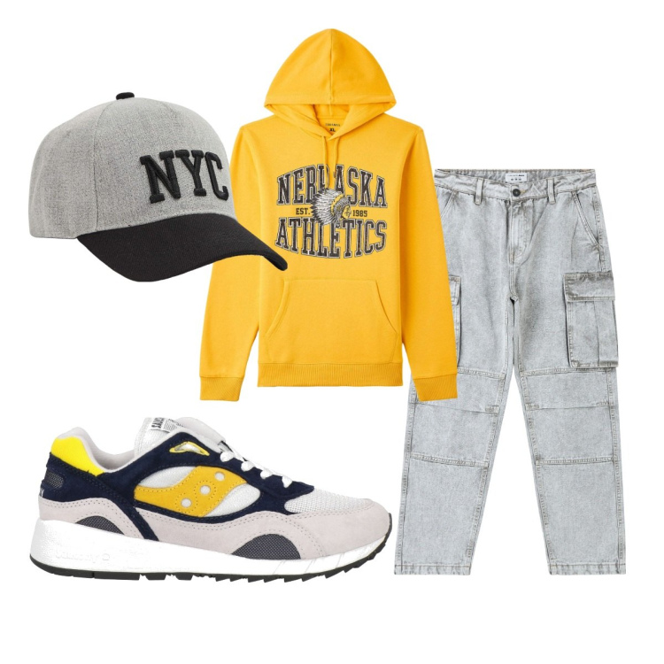 Outfit uomo - La felpa gialla energy. Stile Casual per Tutti i giorni. Abbinamento con sneakers, jeans, felpe con cappuccio, cappelli.