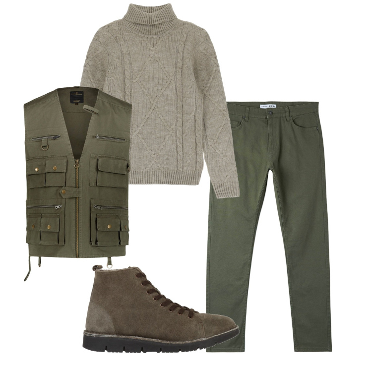 Outfit uomo - Inverno. Stile Casual per Tutti i giorni. Abbinamento con stivali e stivaletti, maglieria, gilet, pantaloni skinny.