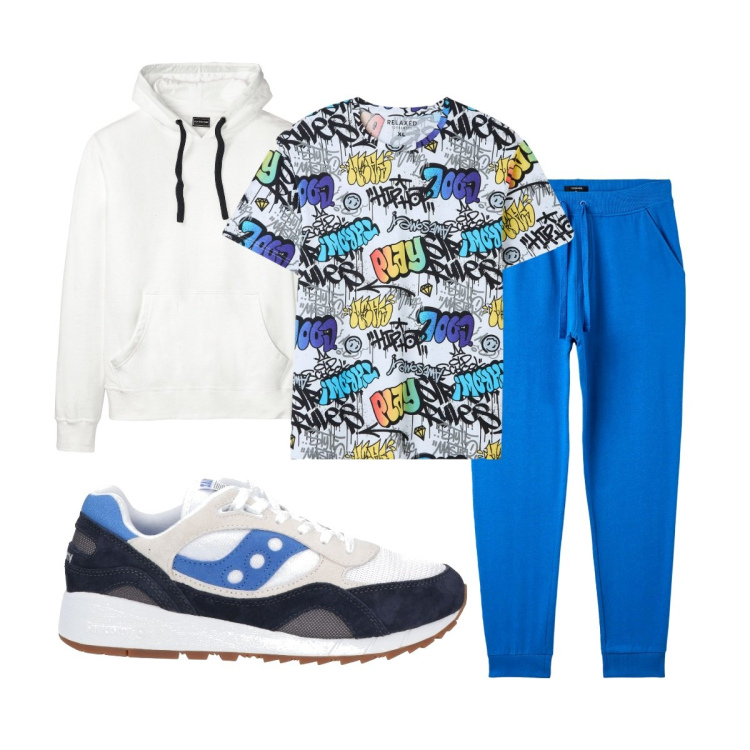 Outfit uomo - Total look #1812488. Stile Casual per Sport. Abbinamento con felpe con cappuccio, sneakers, t-shirt, pantaloni.