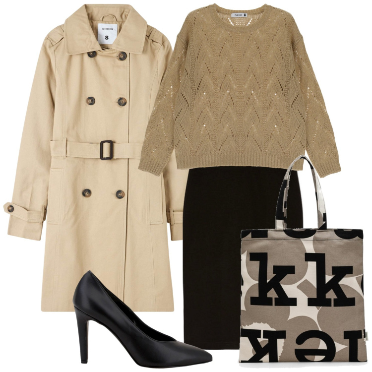 Outfit donna - City. Stile Bon Ton per Ufficio. Abbinamento con trench, maglieria, décolleté, borse tote, gonne.