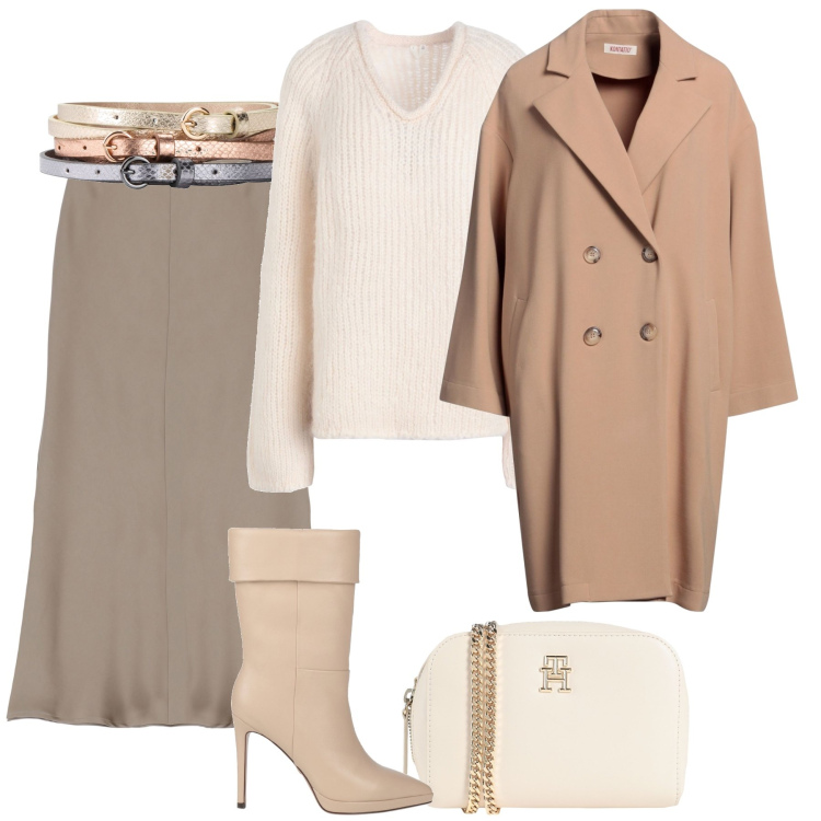 Outfit donna - La gonna in satin. Stile Trendy per Tutti i giorni. Abbinamento con cinture, cappotti, pullovers, borse a tracolla, stivaletti, gonne longuette.