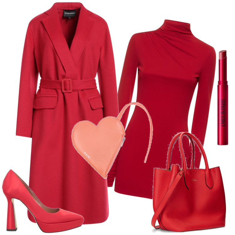 Outfit donna - San valentino in rosso. Stile Sexy per Serata fuori. Abbinamento con cappotti, décolleté, rossetti, borse tote, vestiti, portafogli.