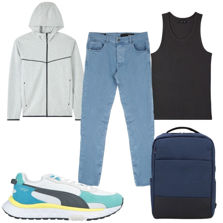 Outfit uomo - Total look #1812529. Stile Trendy per Tutti i giorni. Abbinamento con sneakers, felpe con cappuccio, canottiere, pantaloni, borse sportive.