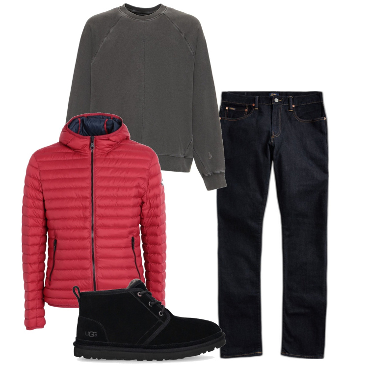 Outfit uomo - Inverno. Stile Casual per Tutti i giorni. Abbinamento con piumini, jeans, felpe, scarpe stringate.