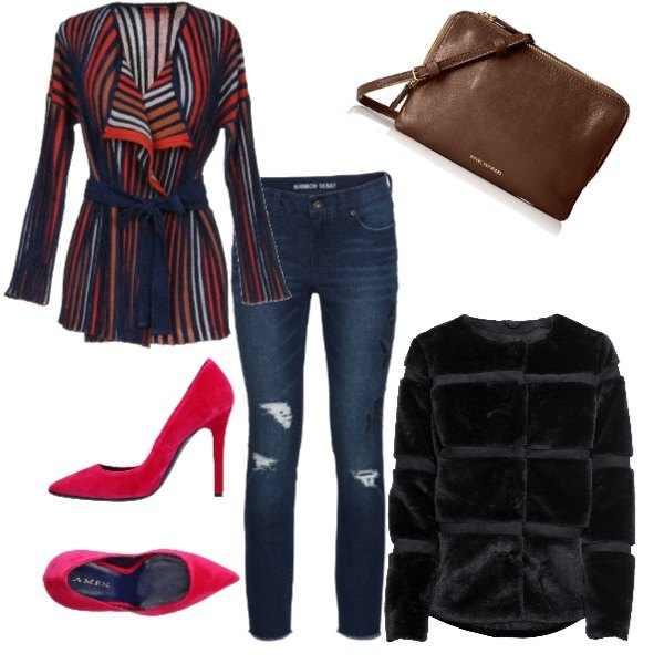 Outfit donna - Chic casual. Stile Chic per Tutti i giorni. Abbinamento con giacca, jeans skinny blu, cardigan lavorato a maglia, décolleté a punta in velluto tinta unita, borsa a spalla marrone.