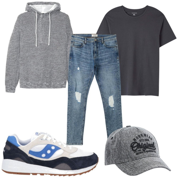 Outfit uomo - Total look #1812567. Stile Trendy per Tutti i giorni. Abbinamento con maglieria, sneakers, jeans strappati, cappelli, t-shirt.
