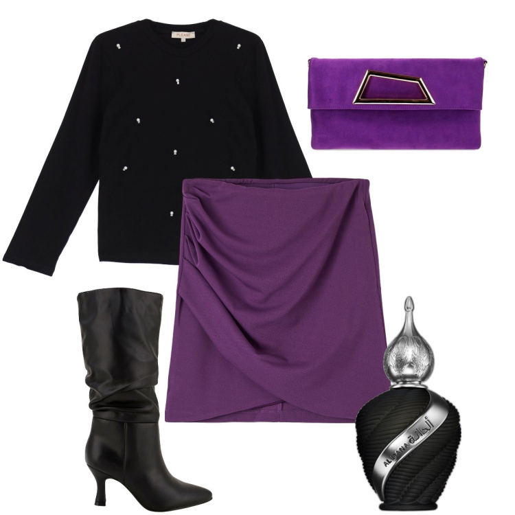 Outfit donna - La minigonna lurex. Stile Sexy per Serata fuori. Abbinamento con profumi, gonne, maglieria, stivali, pochette.