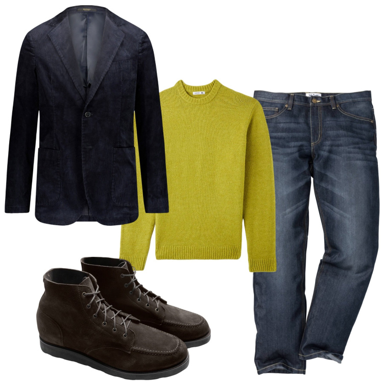 Outfit uomo - Inverno. Stile Casual per Tutti i giorni. Abbinamento con jeans dritti, maglieria, stivali e stivaletti, giacche.