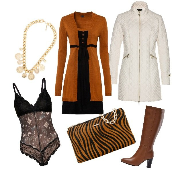 Outfit donna - Aperitivo del 14.02. Stile Casual chic per Serata fuori. Abbinamento con blazer, vestiti, body, stivali, pochette, collane.