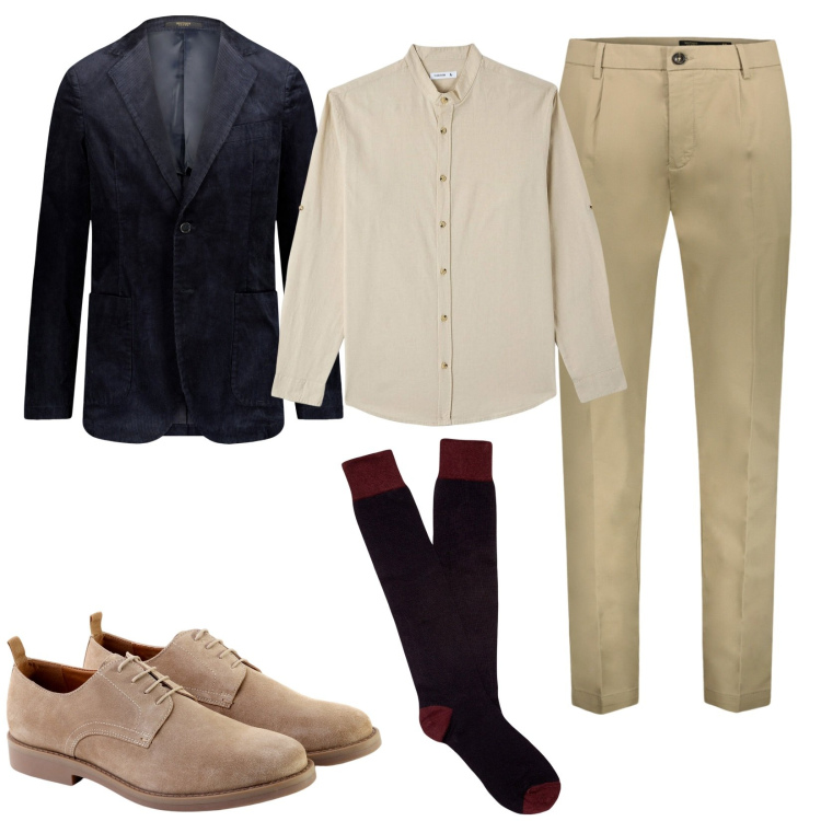 Outfit uomo - Blazer in velluto. Stile Casual per Ufficio. Abbinamento con camicie, scarpe stringate, pantaloni, calzini, giacche.