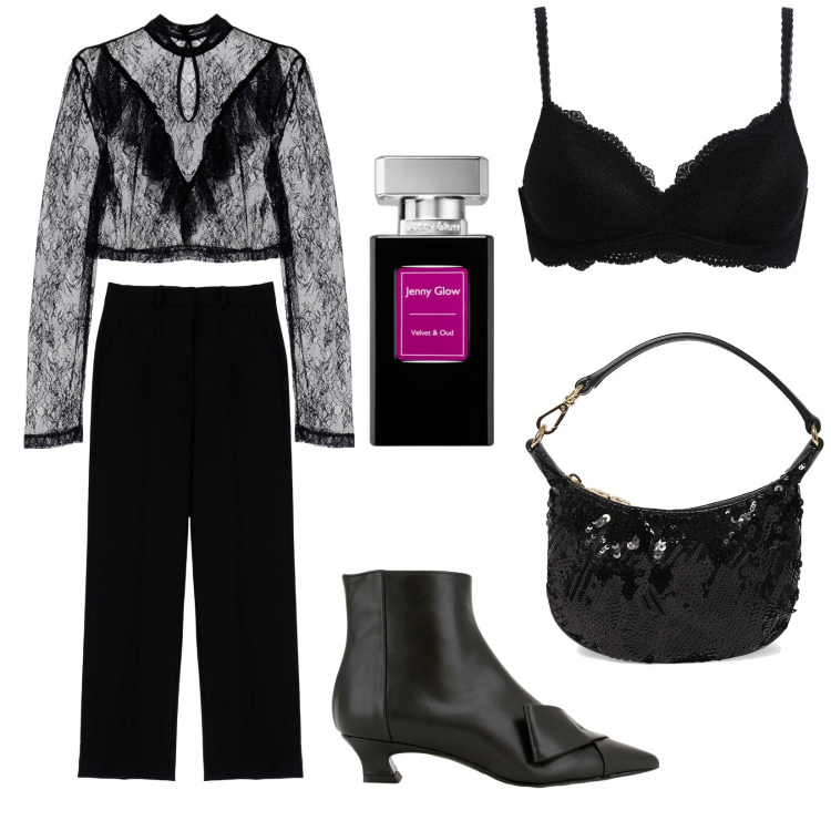 Outfit donna - Trasparenza. Stile Sexy per Serata fuori. Abbinamento con bralette, profumi, maglieria, stivaletti, pantaloni, pochette.