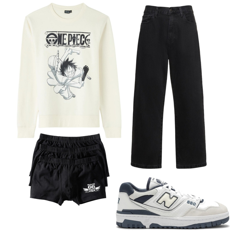 Outfit uomo - One Piece. Stile Urban per Tutti i giorni. Abbinamento con boxer, felpe, sneakers, jeans.