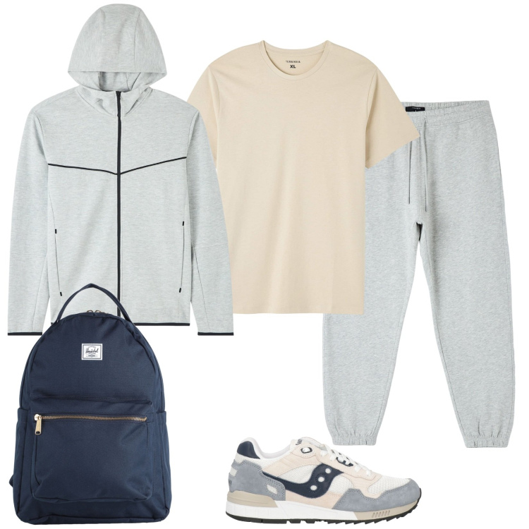 Outfit uomo - A scuola. Stile Casual per Tutti i giorni. Abbinamento con sneakers, borse sportive, felpe con cappuccio, t-shirt, pantaloni.