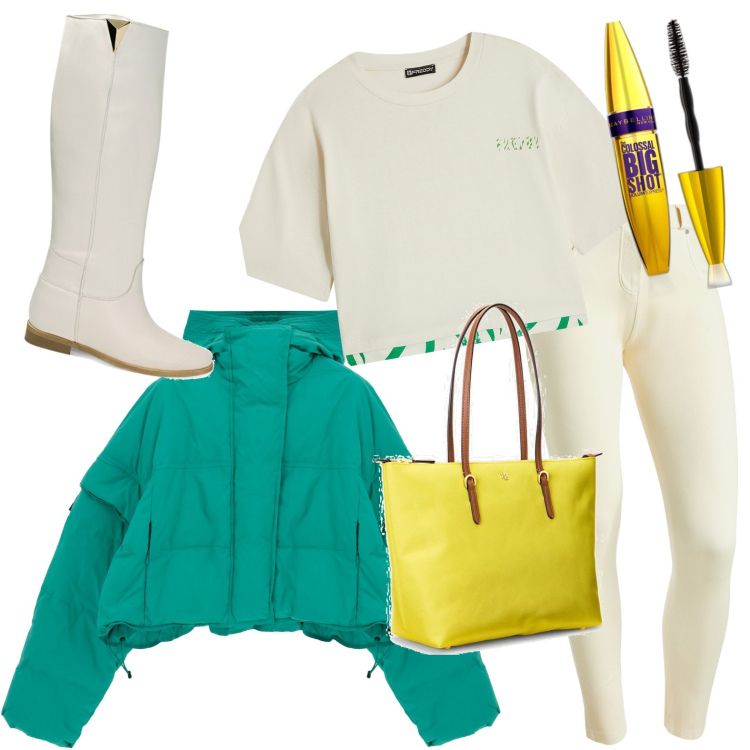 Outfit donna - Sportiva. Stile Casual per Tutti i giorni. Abbinamento con mascara, piumini, pantaloni skinny, t-shirt sportive, stivali, borse tote.