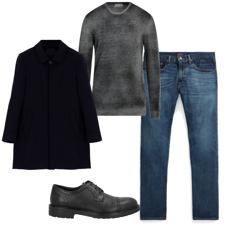 Outfit uomo - Inverno. Stile Urban per Tutti i giorni. Abbinamento con scarpe stringate, pullovers, trench, jeans dritti.