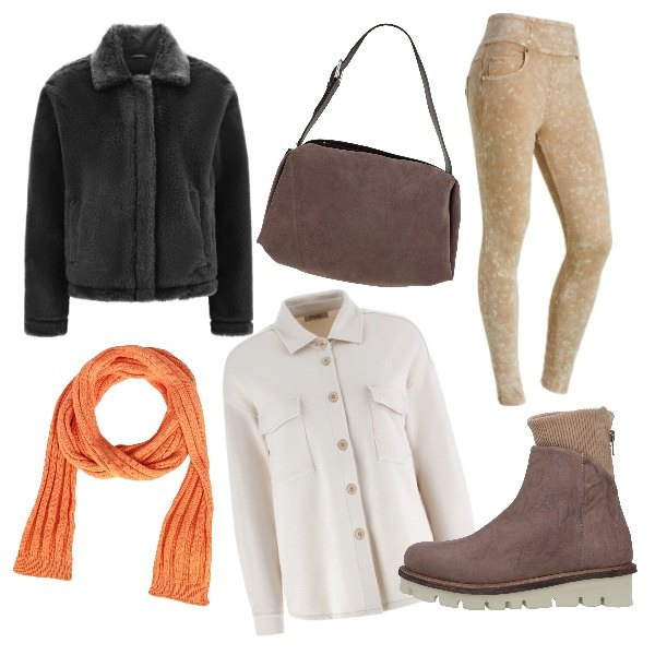 Outfit donna - Sportiva. Stile Casual per Serata fuori. Abbinamento con stivaletti, borse a spalla, sciarpe, cappotti, camicie, pantaloni.