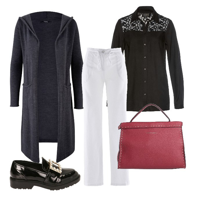 Outfit donna - City. Stile Casual per Tutti i giorni. Abbinamento con cardigans, pantaloni a palazzo, camicie, borse a mano, mocassini.