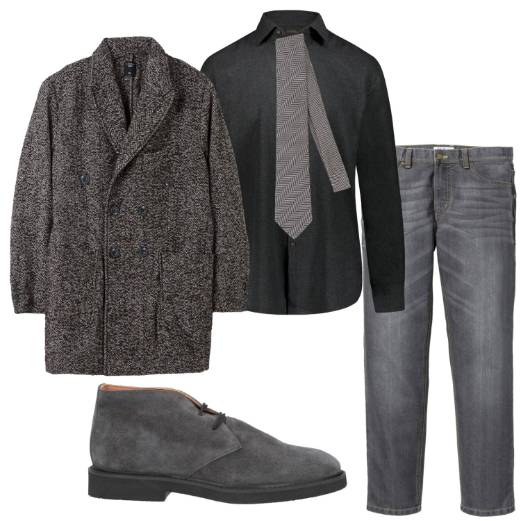 Outfit uomo - Inverno grey. Stile Urban per Tutti i giorni. Abbinamento con jeans dritti, stivali e stivaletti, cappotti, cravatte, camicie.