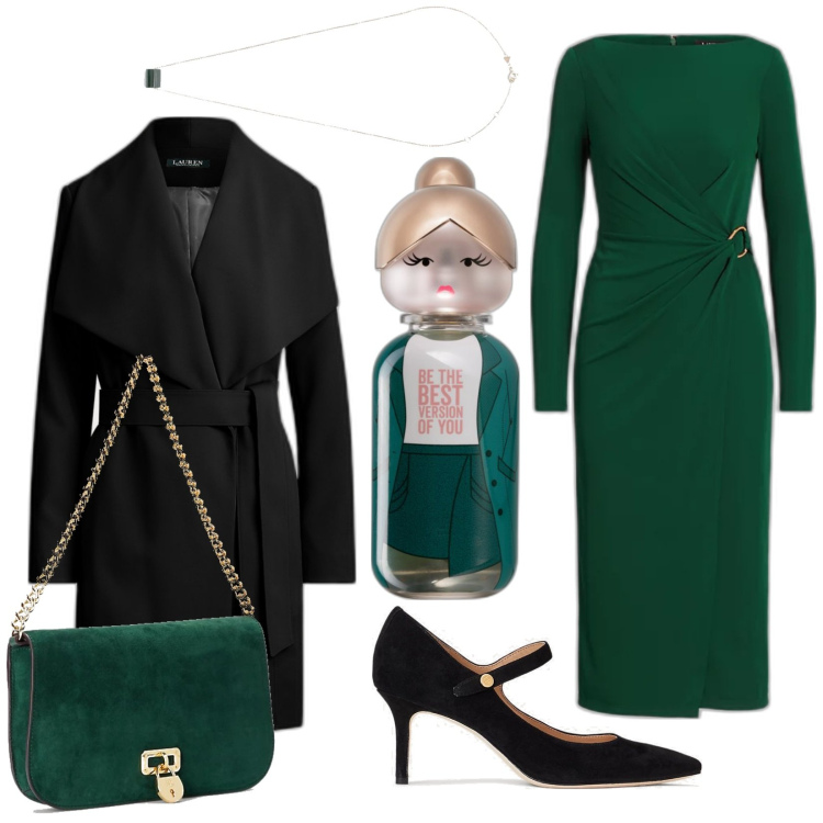 Outfit donna - Anno del drago. Stile Bon Ton per Serata fuori. Abbinamento con profumi, vestiti a tubino, cappotti, décolleté, borse a spalla, ciondoli.