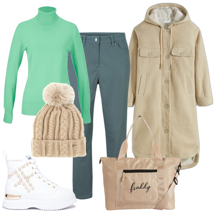 Outfit donna - Tocchi di verde. Stile Basic per Tutti i giorni. Abbinamento con pantaloni, cappotti, maglieria, sneakers, borse tote, berretti.