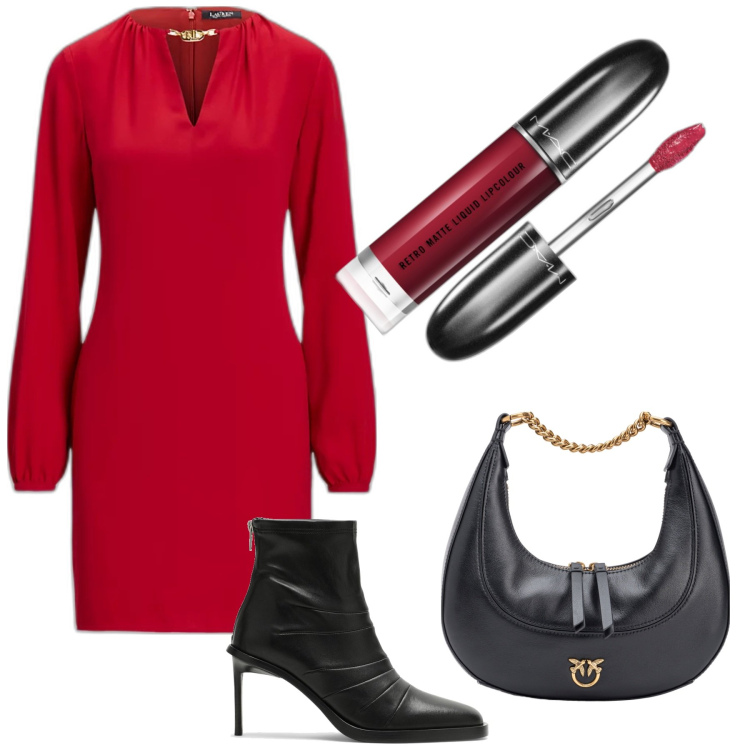 Outfit donna - Red passion. Stile Glamour per Serata fuori. Abbinamento con rossetti, borse a spalla, vestiti, stivaletti.