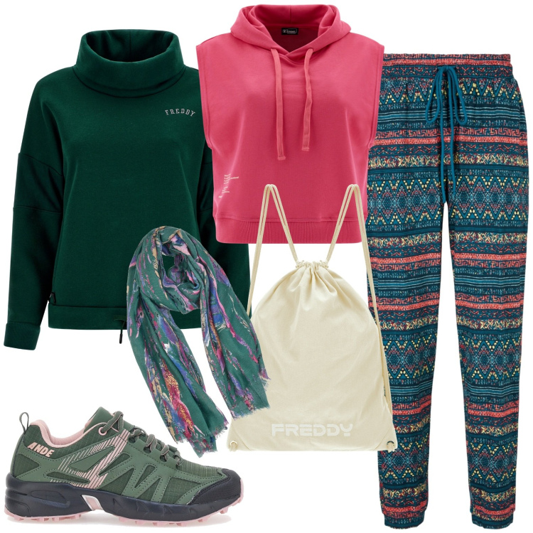 Outfit donna - Sport. Stile Casual per Tutti i giorni. Abbinamento con pantaloni, felpe, zaini, felpe con cappuccio, sneakers, sciarpe.