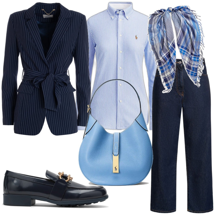 Outfit donna - Giacca e denim. Stile Casual per Tutti i giorni. Abbinamento con blazer, camicie, borse a spalla, foulard, jeans, mocassini.