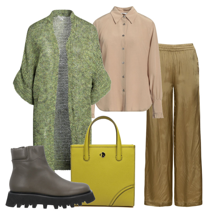 Outfit donna - Inverno. Stile Chic per Tutti i giorni. Abbinamento con stivaletti, cardigans, camicie, shopping bag, pantaloni.