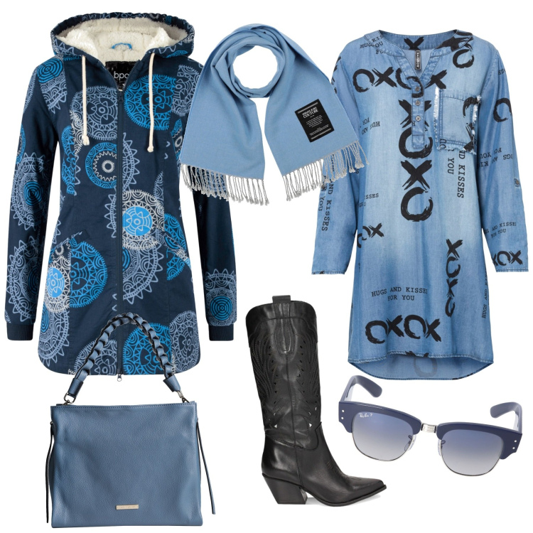 Outfit donna - Outfit per tutti I giorni..... Stile Urban per Tutti i giorni. Abbinamento con vestiti, parka, borse a mano, sciarpe, stivali, occhiali da sole.