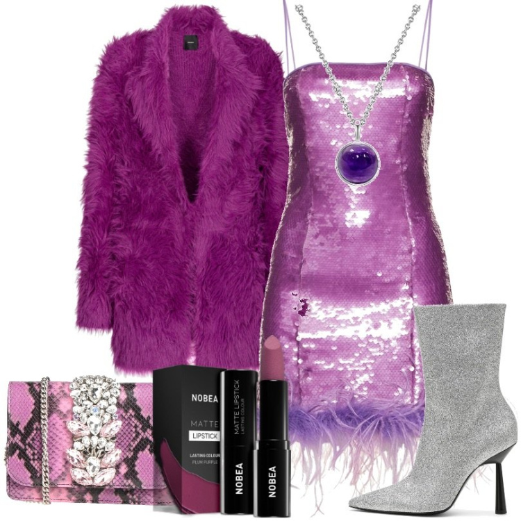 Outfit donna - Collana con pietra ametista. Stile Sexy per Serata fuori. Abbinamento con borse a tracolla, collane, rossetti, cappotti, stivaletti, vestiti.