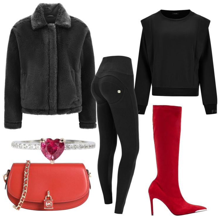 Outfit donna - Rossella Valentino. Stile Glamour per Serata fuori. Abbinamento con stivali, borse a tracolla, anelli, cappotti, pantaloni skinny, maglieria.